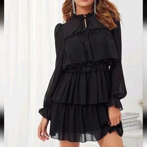 Tie Neck Ruffle Trim Layered Dress
